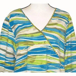 Ruby Rd Women Teal Gold Abstract VNeck Quarter Sleeve Beaded Trim Blouse NEW PXL